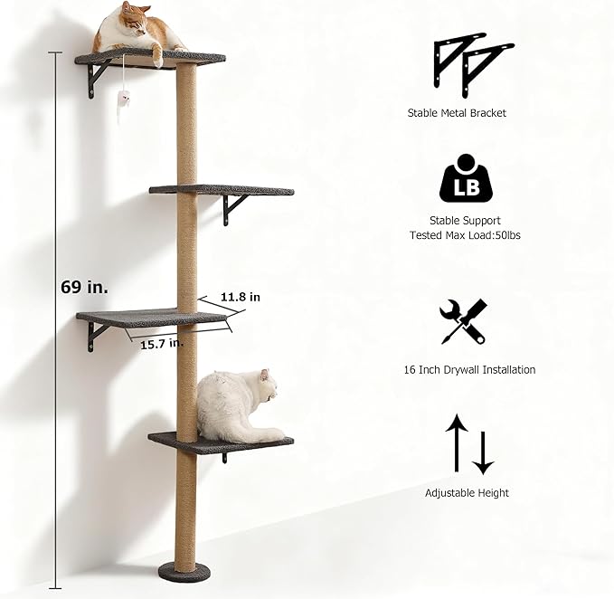 Tall Cat Scratching Posts,4 Tier Corner Cats Tree, Wall Mounted Kitten Tower,Carpeted Climbing Wall for Indoor Kitty Perching,Playing and Lookout (Grey)