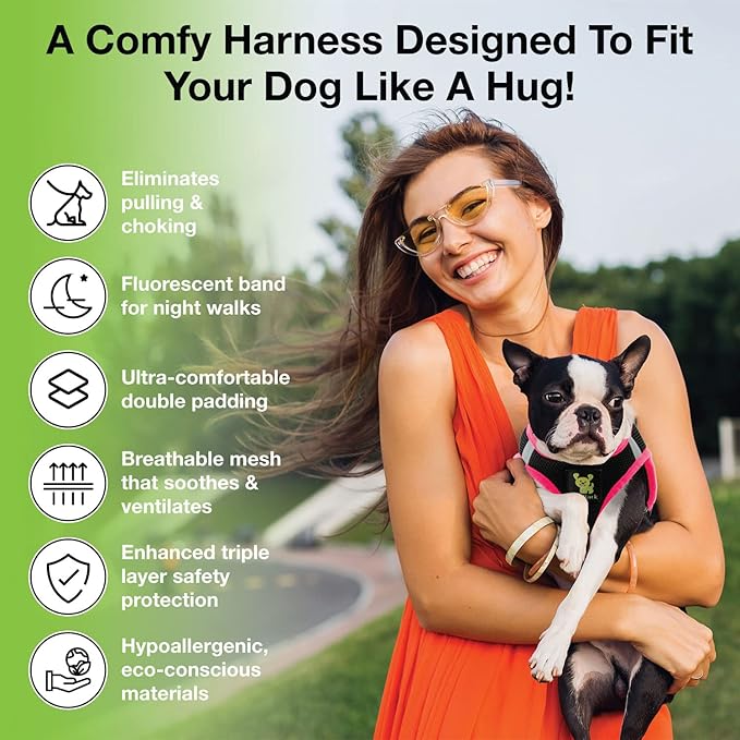 EcoBark Step in Dog Harness - Eco-Friendly Dog Harnesses for Small and Medium Breed Dogs - Reflective and Adjustable Body Halter Vest - Soft Mesh Toy Breed Harness (Black and Pink, Large)