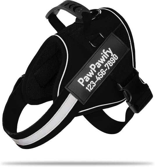 PawPawify Custom No Pull Dog Harness with Name and Phone Number, Heavy Duty Personalized Pet Vest to Prevent Tugging, Pulling, or Choking, Training and Walking (New Black, L (40-60 LBS))