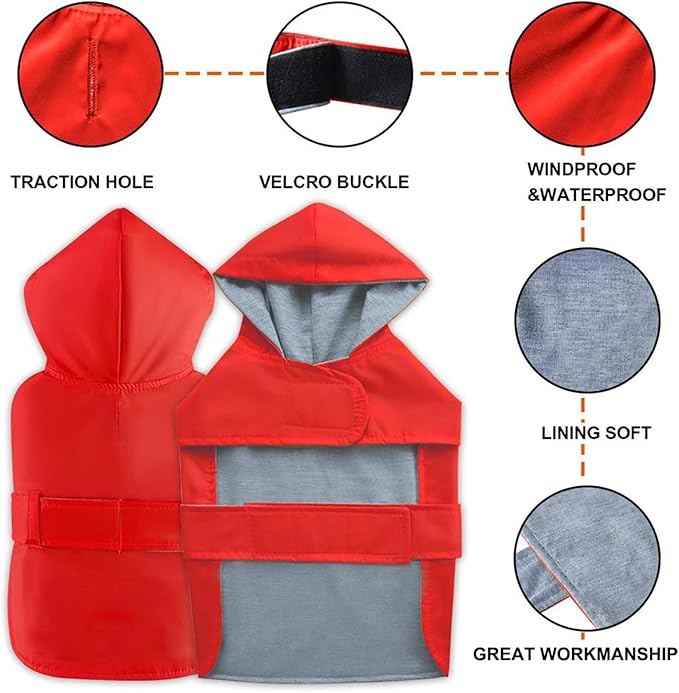Dog Raincoat Small Dog Rain Jacket Poncho Waterproof Pet Rain Suit Puppy Small Dogs Cats Double Layer Breathable Lining Hooded Leash Hole Adjustable,Red,XS