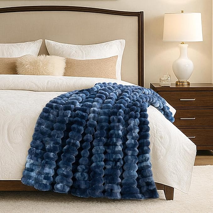 Cozy Bliss Faux Fur Throw Blanket for Couch, Cozy Warm Plush Striped Blanket for Sofa Bedroom Living Room, 90 * 90 Inches Tie-dye Blue