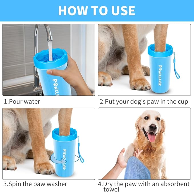 Comotech Dog Paw Cleaner with Bath Brush & Absorbent Towels - Adjustable Ring Handle for Long and Short-Haired Dogs (Large, Blue)