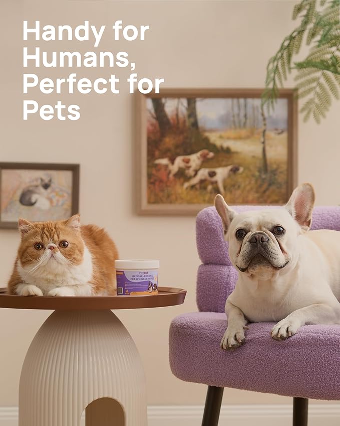 HICC PET Wrinkle Wipes, Vet-Recommended Dog Wipes Cleaning Deodorizing, Soothes Redness & Odor, Prevents Infections, Tear Stain Remover, Gentle for French Bulldogs, Pugs, English Bulldogs (100 Counts)