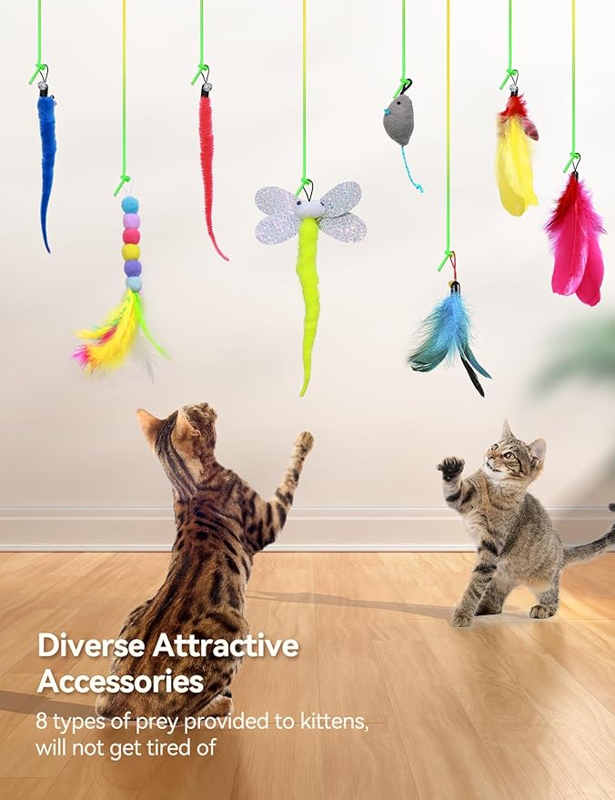 FEELNEEDY Laser Interactive Cat Toys, LED Light, 8 PCS Replacement Teaser with Bell Refills, Feather & Mouse Cats Toy, Hanging Cat Toys for Indoor Cats, for Bored Adult Kitten Exercise, Silver