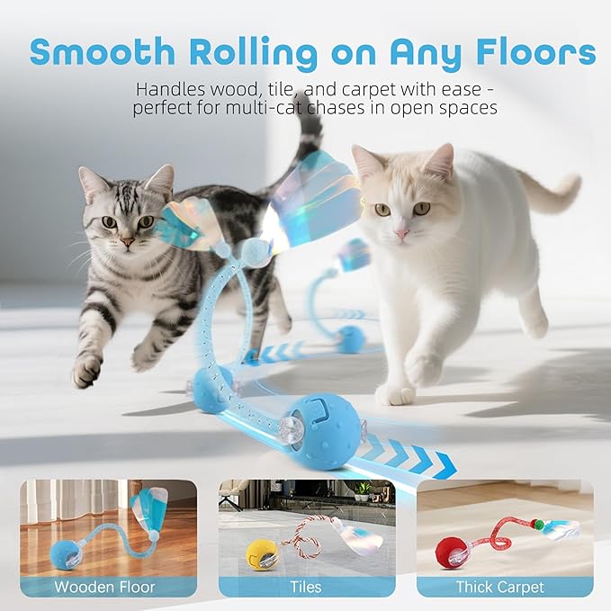 Interactive Cat Toys Ball for Indoor Cats with Elastic Mesh Net Tails – 3 Working Modes for Agile Movement, Motion Activated, USB-C Rechargeable, Ideal for Indoor Cats (Blue)