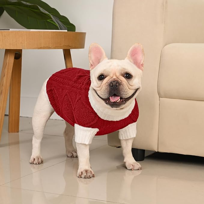 Dog Sweater for Medium Dogs Argyle Cable Knit Turtleneck Pullover Winter Clothes Boys Girls French Bulldog Dachshund Corgi Beagle Pug Pet (L, Red)