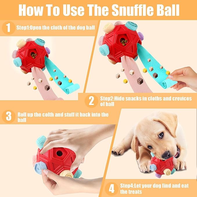 Dog Snuffle Ball-Interactive Puzzle Dog Toys Encourage Natural Foraging Skills Slow Feeder for Training and Stress Relief, Cloth Strip Hiding Food Chew Toys for Any Size Dogs (Red Macaron)