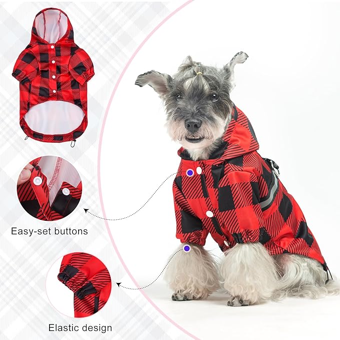 BEAUTYZOO Dog Raincoat Hooded with Harness Built-in, Slicker Poncho, Waterproof Dog Rain Coat for Winter Rainy Snowy Days, Buffalo Red, L