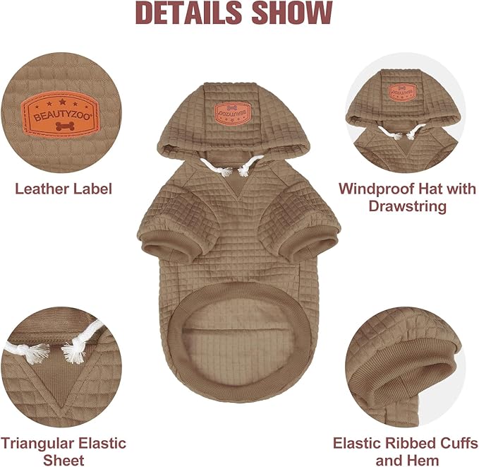 BEAUTYZOO Small Dog Hoodie Sweater with Pockets, Dog Clothes for Small Medium Dogs Boy Girl, Waffle-Like Laminated Cotton Pet Coats with Hat and Leash Hole, Khaki SM
