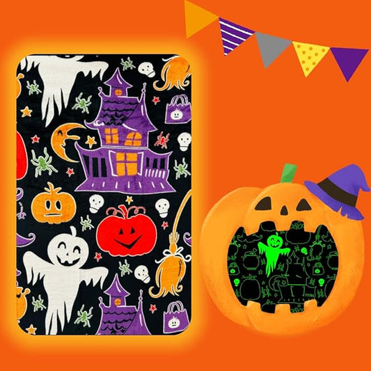 Cute Funny Halloween Blanket for Kids/Teens/Women/Men, Glow in The Dark Throw Blankets Soft Plush Fleece, Spooky Blanket for Boy/Girls/Toddler, Day Care Home Travel Use, 60"*50", Black
