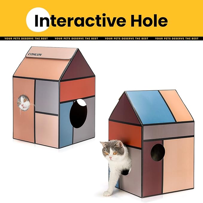 Cardboard Cat House with Scratch Pad & Catnip, Cat Play Scratching House for Indoor Hideaway Furniture, Heavy Duty Sturdy Cardboard Scratcher, Easy to Assemble Birthday Gift