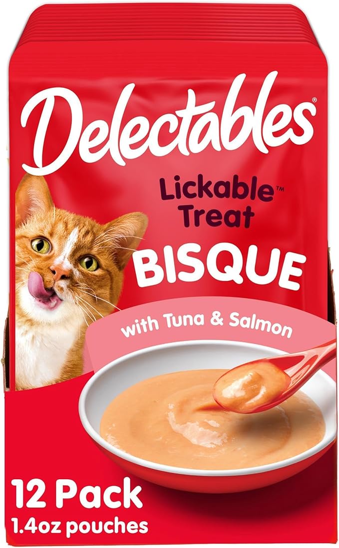 Hartz Delectables Lickable Treat Bisque Wet Cat Treat with Real Tuna & Salmon, Food Topper, Hydrating, Grain-Free, No Fillers, No by-Products, No Added Preservatives, 1.4oz Pouch, 12ct