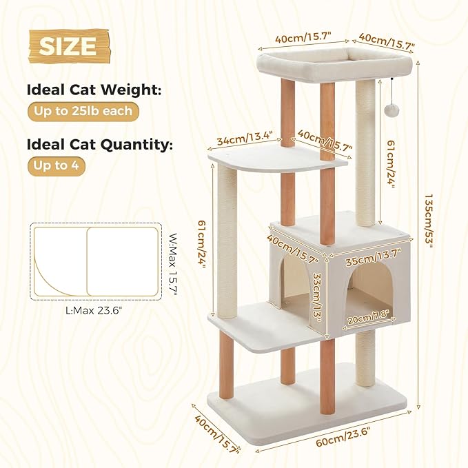PAWZ Road Large Cat Tree, 53 Inches Modern Wooden Cat Tower for Indoor Large Cats, Multi-Level Cat Condos with Long Scratching Posts and Natural Wood Posts-Beige