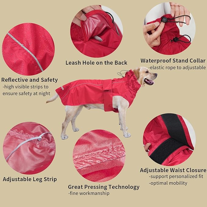 Adjustable Waterproof Dog Raincoat for Dogs,Lightweight Pet Rain Jacket Puppy Clothes with Reflective Strip for Small Medium Large Dogs (Red, Small)