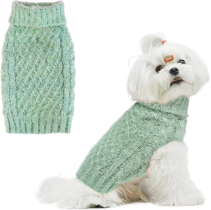 Turtleneck Small Dog Sweaters - Classic Cable Knitwear Winter Coat for Small Medium Dogs Male Female Puppy Dog Cold Weather Clothes Girls Boys, Green, XS