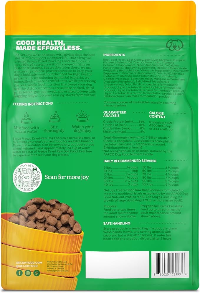Get Joy Freeze Dried Raw Beef Dog Food, High Protein Grain Free Meal, Topper & Treat, Gut Health Support with Probiotics, Small to Large Breed, 16oz Bag