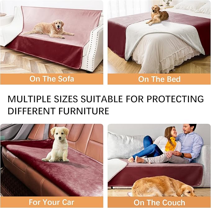 Waterproof Dog Blankets, Washable Pee Proof Pet Blanket for Couch, Soft Reversible Puppy Throw Furniture Protector Cover for Bed Sofa-52"x82",Burgundy Red+Cream
