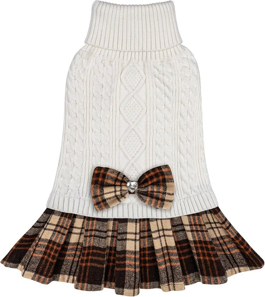 KYEESE Dog Sweater Warm Pullover Pet Coats Comfy Knitwear Dog Sweaters for Small Dogs Girl Stretchy Cat Sweaters Thick Dogs Clothes with Bowtie Soft Turtleneck Pet Sweater Dress, White, Large