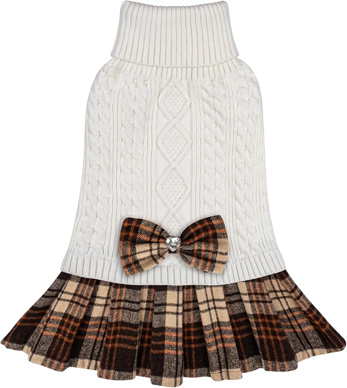 KYEESE Dog Sweater Thick Dogs Clothes with Bowtie Soft Turtleneck Pet Sweater Dress Comfy Knitwear Dog Sweaters for Small Dogs Girl Warm Pullover Pet Coats Stretchy Cat Sweaters, White, Medium