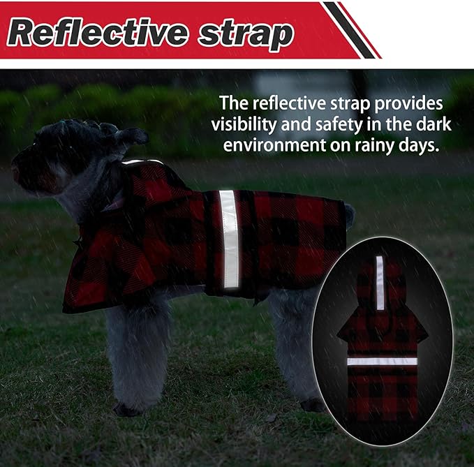 KOOLTAIL Dog Raincoat Hooded Slicker Poncho with Leash Hole, Christmas Red Plaid Raincoat for Small Medium Dogs, Waterproof Dog Rain Jacket with Reflective Strip, Adjustable Breathable Puppy Rainwear