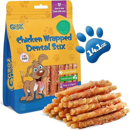 Gazeupon Dog Dental Treats, Chicken Wrapped Peanut Butter Sticks, Healthy Training Snacks for Dogs, Easy to Digest, w/Glucosamine Chondroitin