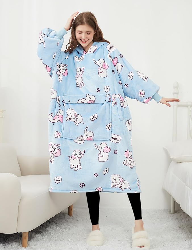 KFUBUO Wearable Blanket Hoodie for Adult Long Sherpa All Patterns Elephant Oversized Hoodie Sweatshirt Blanket Cute Birthday Gifts for Women