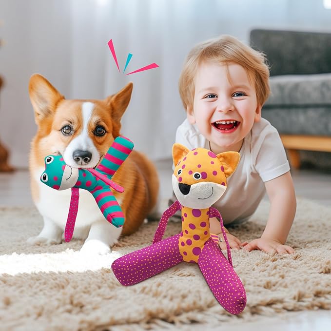 Squeaky Dog Toys, Canvas Fabric Sturdy Dog Toy Built-in Crinkle Paper, Cute Leopard Interactive Dog Toys for Small and Medium Dogs