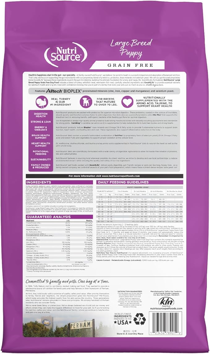 NutriSource Grain Free Dry Puppy Food for Large Breeds, Turkey, Whitefish and Menhaden Fish Meal, 12LB
