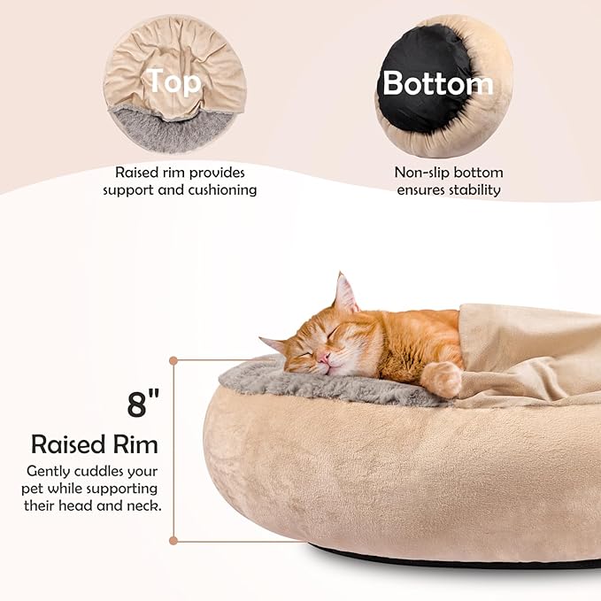JOEJOY Dog Beds for Small Medium Dogs, Cozy Cuddler Luxury Puppy Pet Bed with Blanket Attached, Donut Round Calming Anti-Anxiety Dog Burrow Cave Bed - Anti-Slip Bottom and Machine Washable 26 inch