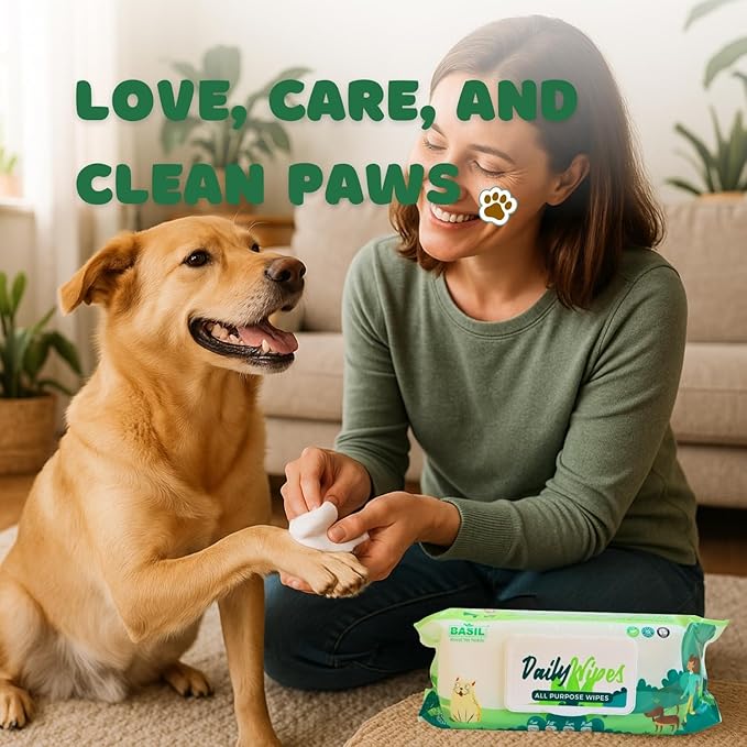 BASIL Pet Grooming Wipes – Lemon-Scented - Paraben-Free with Aloe Vera, Vitamin E & Castor Oil, Gentle Cleaning Wipes for Dogs, Cats & Puppies – Paws, Ears, Mouth & Butt – 80 Count, 7” x 7.87”
