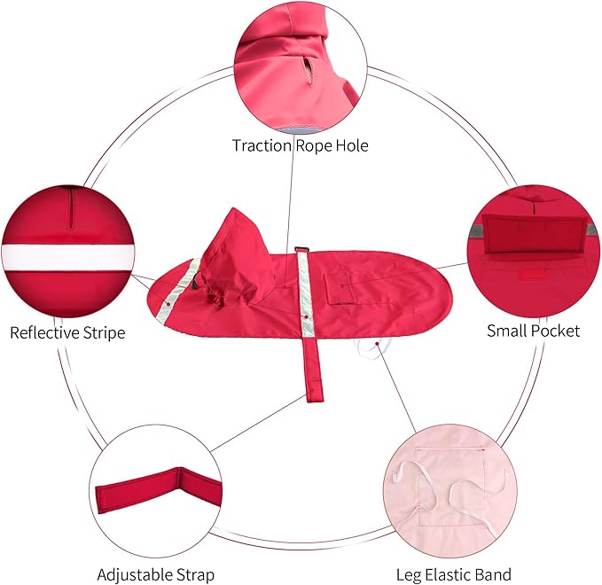 NACOCO Large Dog Raincoat Adjustable Pet Water Proof Clothes Lightweight Rain Jacket Poncho Hoodies with Strip Reflective (XXL, Red)
