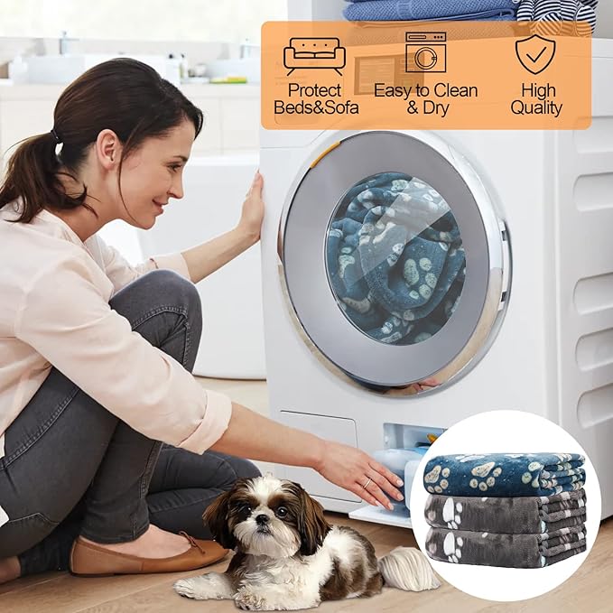 Rezutan Dog Blankets for Large Dogs, Premium Cat Flannel Blanket Washable, Soft Pet Throw Cover for Kennel Crate Bed, Cute Paw Pattern, 41x31 inch, 2Gray1Blue