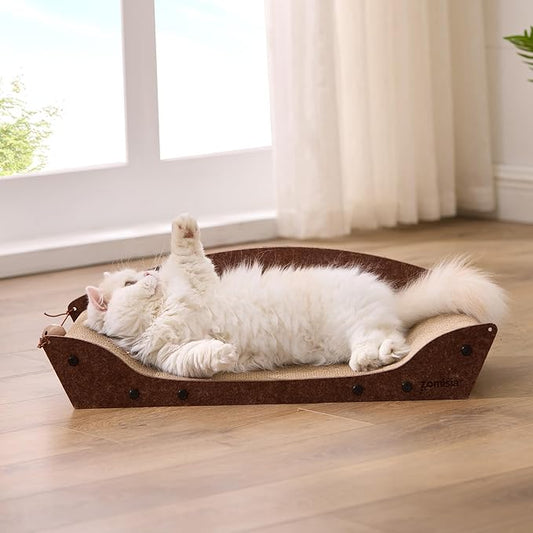 Cat Scratcher Bed - 26'' Cardboard Scratching Board for Indoor Cats, Orthopedic Lounger Scratcher Couch with Catnip and Bells