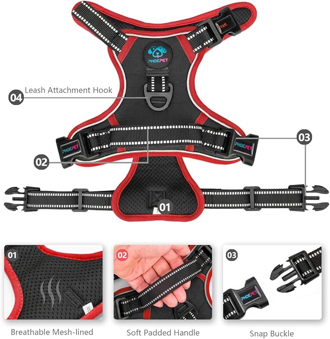 PHOEPET 2019 Upgraded No Pull Dog Harness, Reflective Adjustable Vest, with a Training Handle + 2 Metal Leash Hooks+ 3 Snap Buckles +4 Slide Buckles(XS, Black)