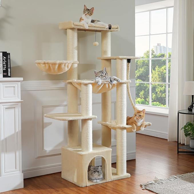 Large Cat Tree-67 Tall Cat Tower for Indoor Cats Large Adult with 7 Thick Sisal Scratching Posts (φ4.3), Multi-Level Condo, Big Perch & Hammocks for Maine Coon 20 lbs -Beige
