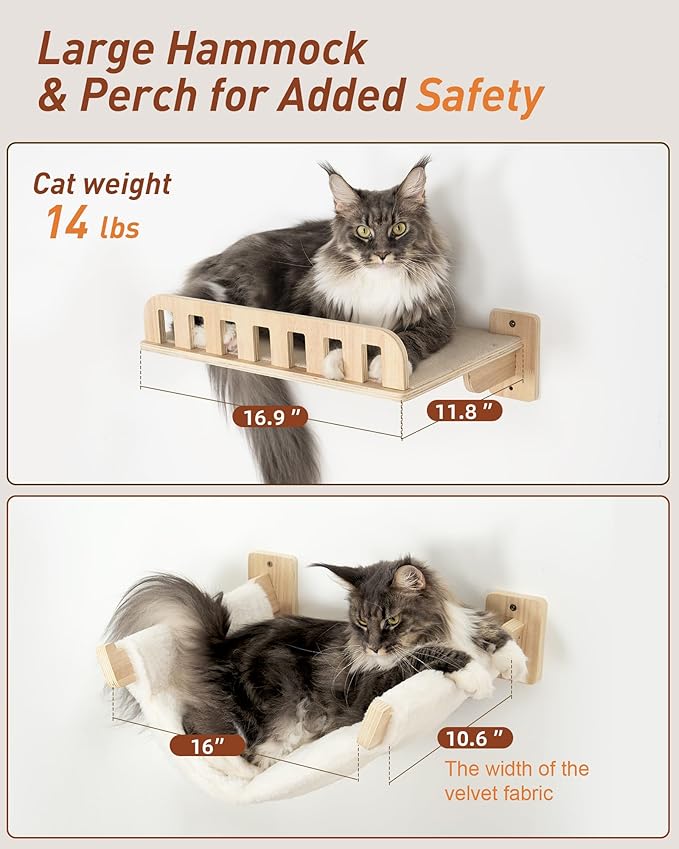 Cat Wall Shelves, 5-in-1 Cat Wall Furniture with Large Hammock and Perch, Space-Saving Shelves Set for Indoor Cats