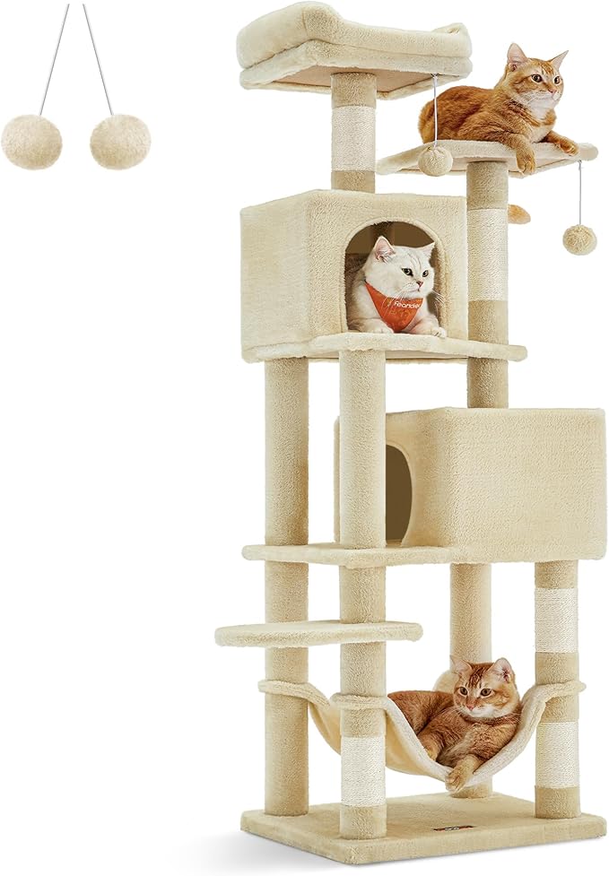 Feandrea Cat Tree, 61-Inch Cat Tower for Indoor Cats, Plush Multi-Level Cat Condo with 5 Scratching Posts, 2 Perches, 2 Caves, Hammock, 2 Pompoms, Beige UPCT192M01