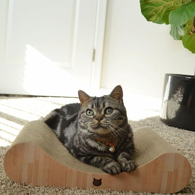 Necoichi Cardboard Cat Scratcher Bed for Indoor Cats - Cat Scratching Board, Horizontal Cat Scratch Pad Lounger with Reversible Usability and Extra Comfort for Lounge, Curved (18" Regular, Oak)