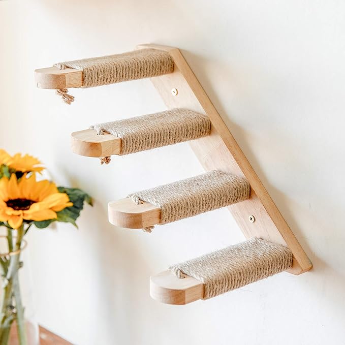 FUKUMARU Cat Climbing Shelf Wall Mounted, Four Step Cat Stairway with Jute Scratching for Kitten Perch Platform Walls Furniture - Right to Left
