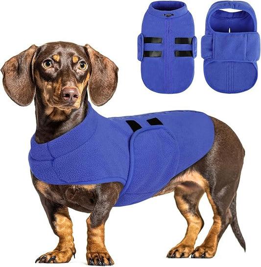 Queenmore Small Dog Sweater, Soft Fleece Vest Pullover Dog Jacket with Leash Hole, Warm Winter Dog Coats Cold Weather Doggy Dachshund Sweaters for Small Dogs Cats Boy or Girl (Blue, XL)