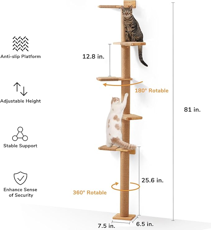 FUKUMARU Tall Cat Tree, 5 Tier Floor to Ceiling Cats Tower, Wall-Mounted Kitten Scratching Post, Wild Simulation Kittens Wall Shelves, Suitable for Climb, Scratch, Lookout and Play