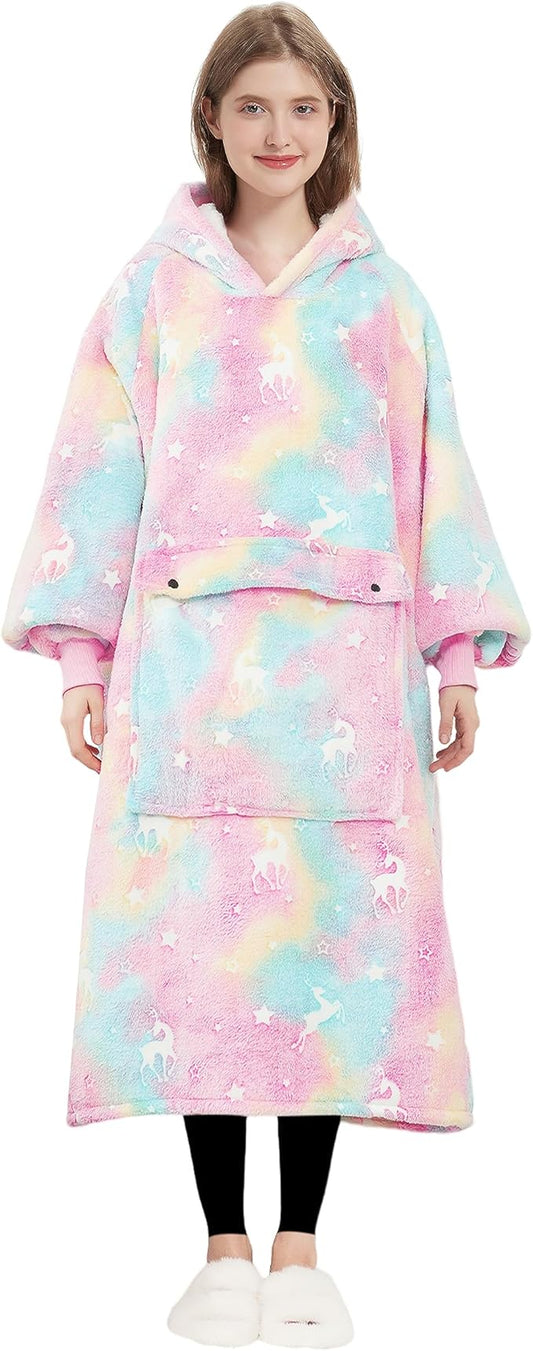 KFUBUO Wearable Blanket Hoodie for Adult Long Sherpa Glow in the Dark Oversized Hoodie Sweatshirt Blanket Christmas Gift Ideas