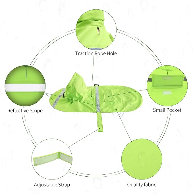 NACOCO Large Dog Raincoat Adjustable - Pet Water Proof Clothes Lightweight Rain Jacket Poncho Hoodies with Strip Reflective (M, Green)