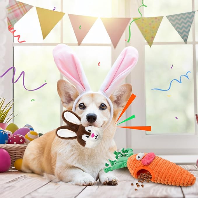 Easter Dog Toys, Hide and Seek Dog Toys, Squeaky Puzzle Dog Toy for Small and Medium Dogs, Interactive Cute Bunny and Carrot Easter Gift with Rope for Teething
