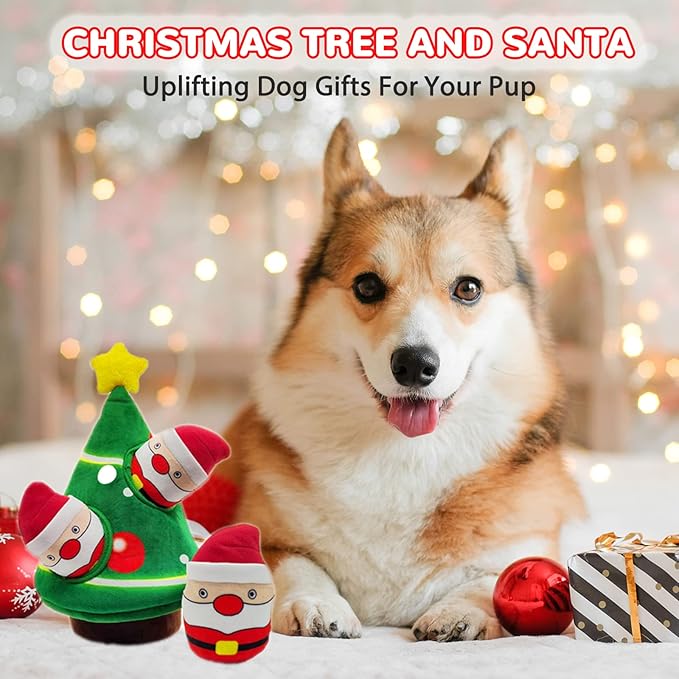 Christmas Dog Toys, Dog, Xmas Christmas Tree, Santa Claus Hide and Seek Puzzle Squeaky Plush Rope Chew Fetch Brain Stimulating Toy Presents for Small Medium Dogs