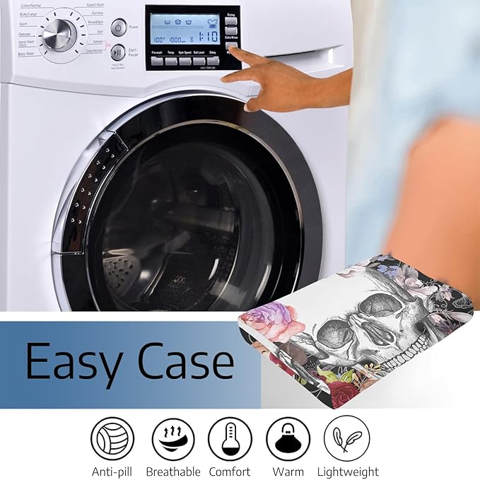 Halloween Skull Throw Blanket for Women, Gothic Rose Skull Theme Blankets, Lightweight Warm Queen Size Flannel Blanket, Cozy All Seasons Fleece Blanket for Home Bed Couch 60 X80 Inch