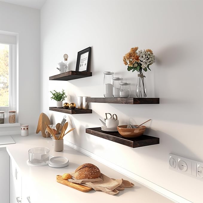 Brown Wood Floating Shelves for Wall Rustic Wall Shelf for Bedroom Living Room Set of 6