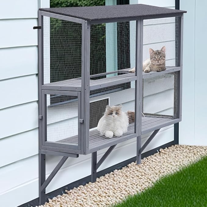 beeNbkks Cat Catio, 2-Tier Window Box Enclosure for Multiple Indoor Cats, Expandable Wooden Pet Perch House, Secure Comfortable Outdoor Haven, All Weather Use, Nature-Friendly Design