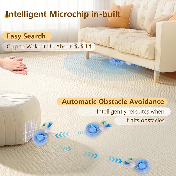 ORSDA Interactive Cat Toys Ball, Automatic Fast Rolling Ball in Pouch, Hide and Seek for Indoor Cats, Motion Chirping Activated Moving Toy, 5 Holes Mat Mouse Catching Game