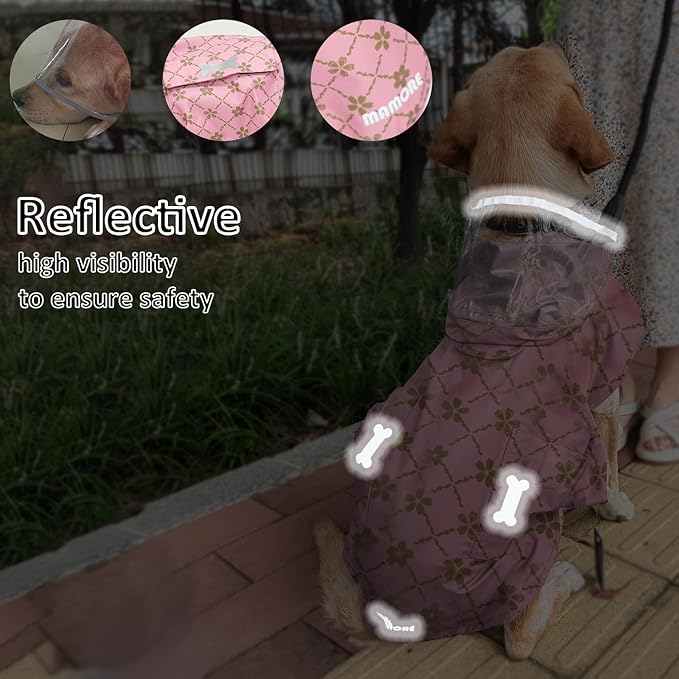 Waterproof Dog Raincoat, Adjustable Reflective Lightweight Pet Rain Clothes with Poncho Hood (Gold Cheery Blossoms Pink, Medium)